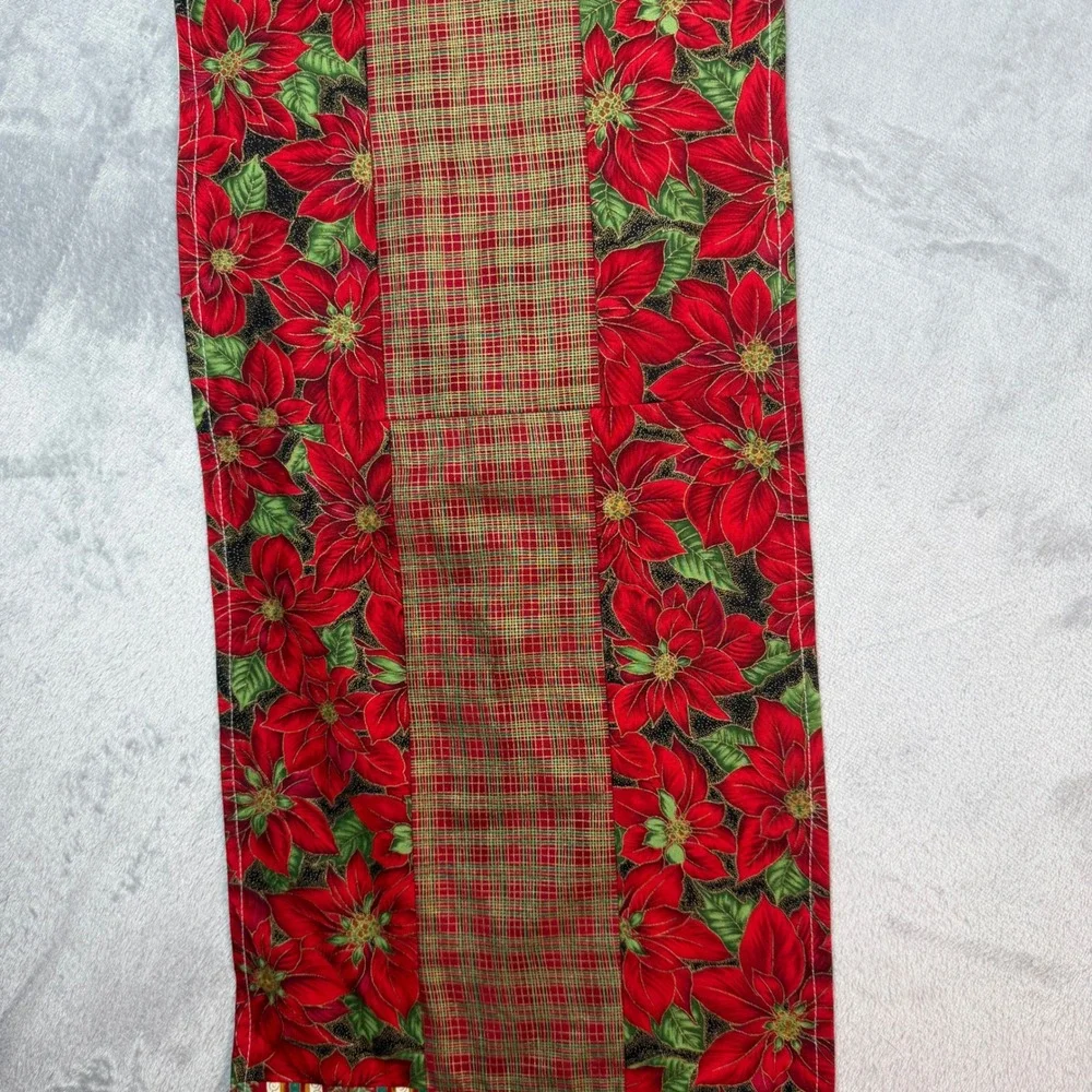 Handmade Table Runner Unisex 40in Red Poinsettia Plaid Quilted Christmas Holiday